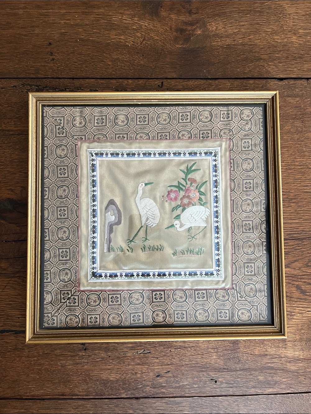 Vintage Antique Silk Print Framed — Cranes